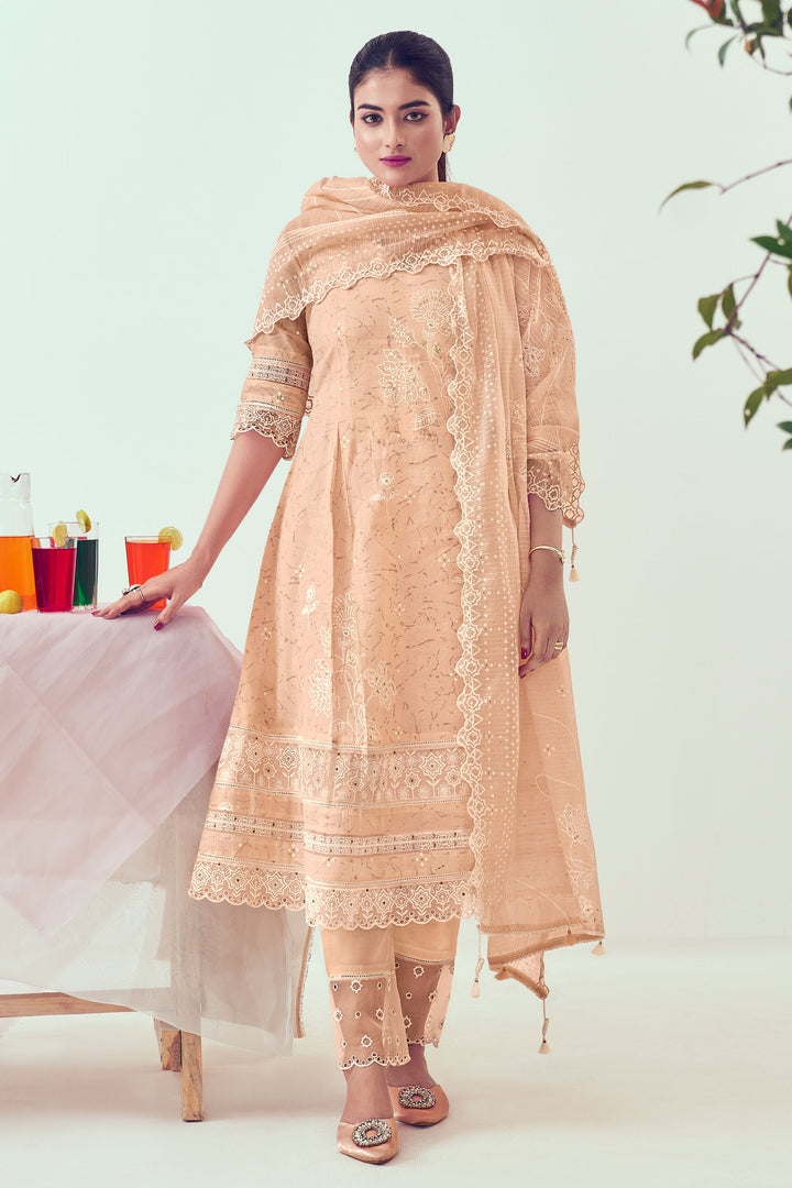 Pure Organdy Khadi Block Print With Fancy Embroidery Work Salwar Suit In Peach Color
