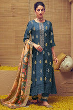Load image into Gallery viewer, Navy Blue Pure Muslin Jacquard Sequence Embroidery Designer Salwar Suit