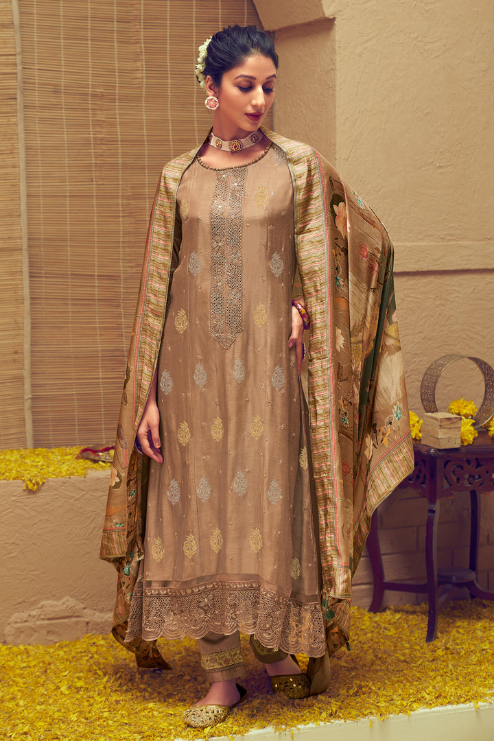 Brown Pure Muslin Jacquard Sequence Embroidery Designer Suit