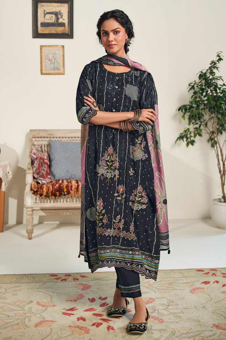 Black Pure Moga Silk Embroidery Digital Print Designer Trending Long Salwar Suit