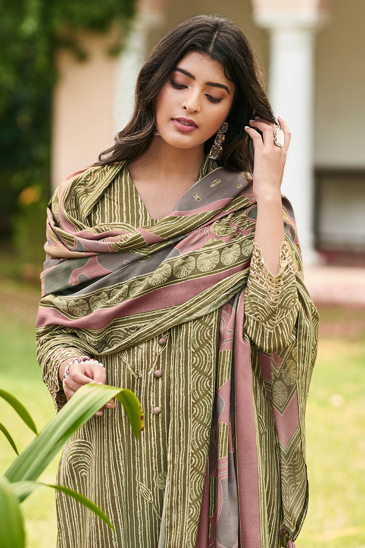 Olive Green Pure Premium Corduroy Digital Print Straight Cut Salwar Suit