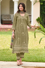 Load image into Gallery viewer, Olive Green Pure Premium Corduroy Digital Print Straight Cut Salwar Suit
