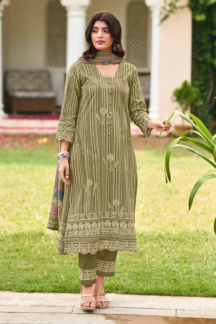 Olive Green Pure Premium Corduroy Digital Print Straight Cut Salwar Suit