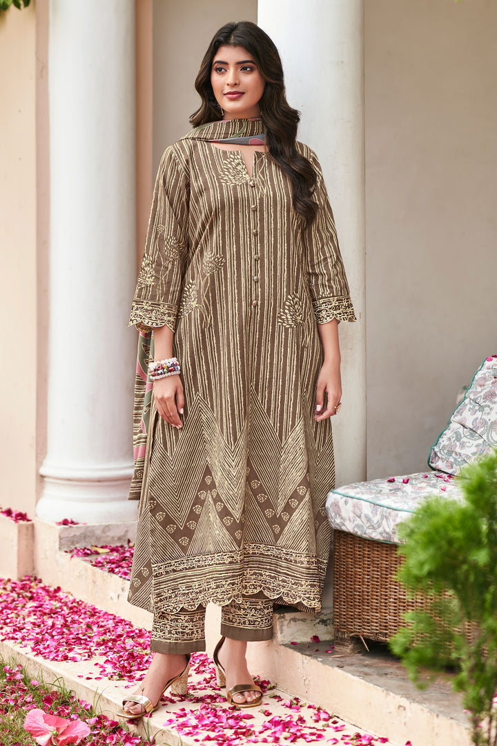 Pure Premium Corduroy Digital Print Straight Cut Salwar kameez In Brown Color