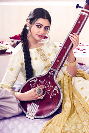 Beige Color Pure Cotton Embroidery With Block Print Long Salwar Kameez