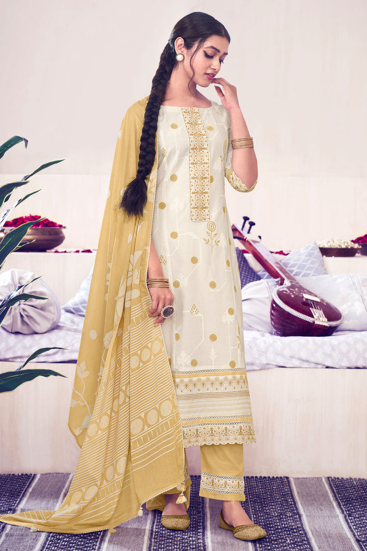 Beige Color Pure Cotton Embroidery With Block Print Long Salwar Kameez