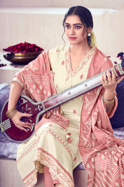 Beige Color Pure Cotton Embroidery With Block Print Long Salwar Suit