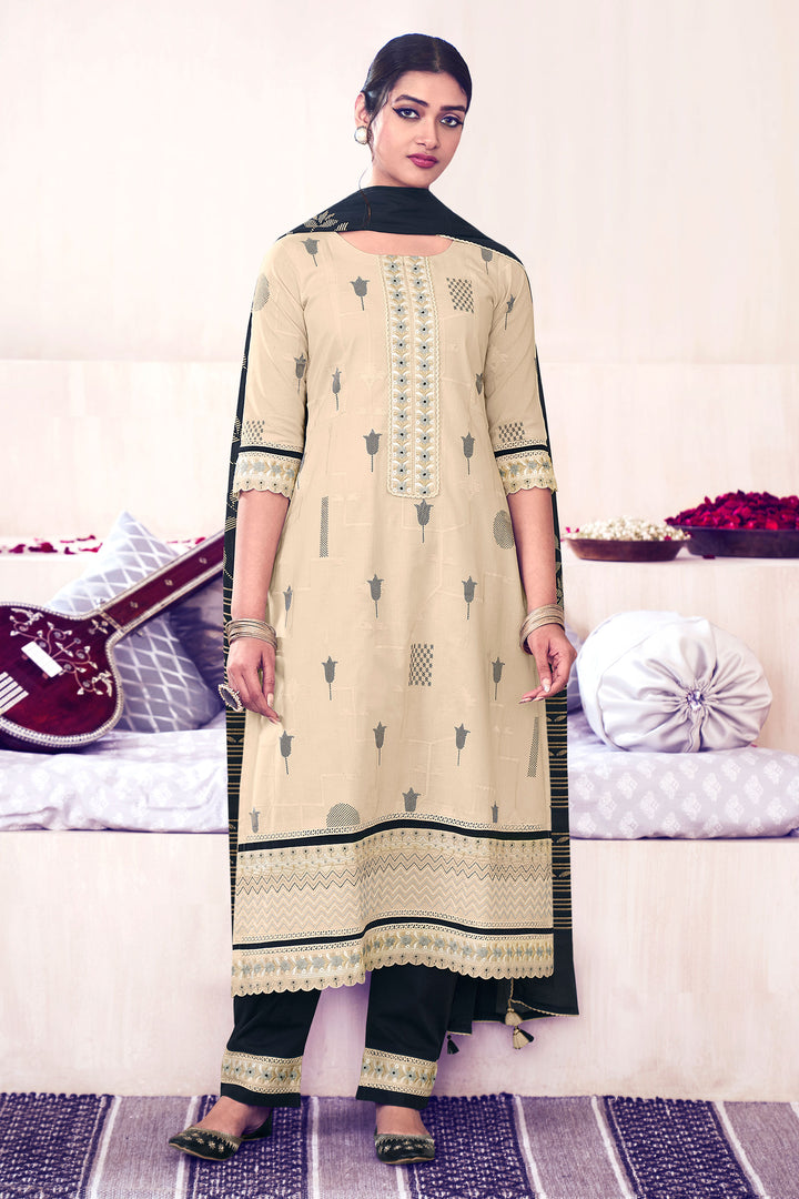 Beige Color Pure Cotton Embroidery With Block Print Long Suit