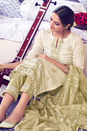 Beige Color Pure Cotton Embroidery With Block Print Long Dress