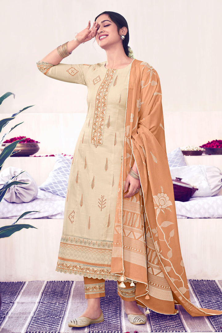 Pure Cotton Embroidery With Block Print Long Salwar Kameez In Beige Color