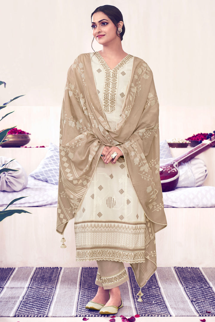 Pure Cotton Embroidery With Block Print Long Salwar Suit In Beige Color