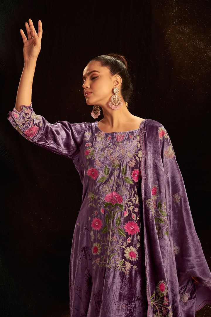 Purple Velvet Embroidered Viscose Festive Wear Salwar Kameez