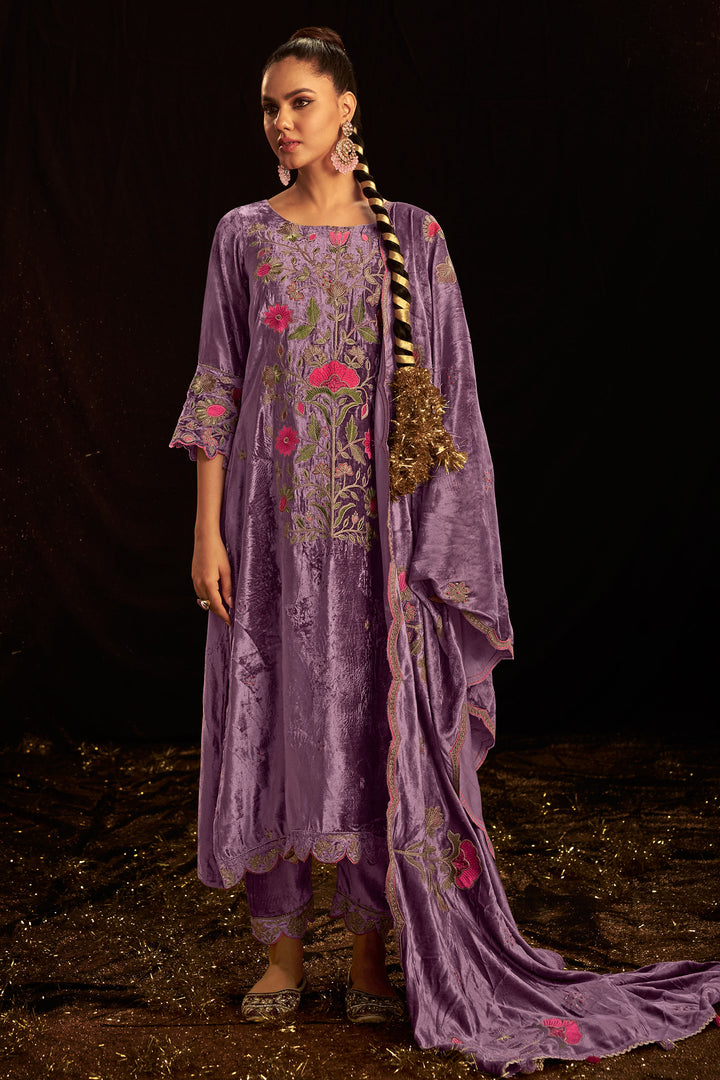 Purple Velvet Embroidered Viscose Festive Wear Salwar Kameez