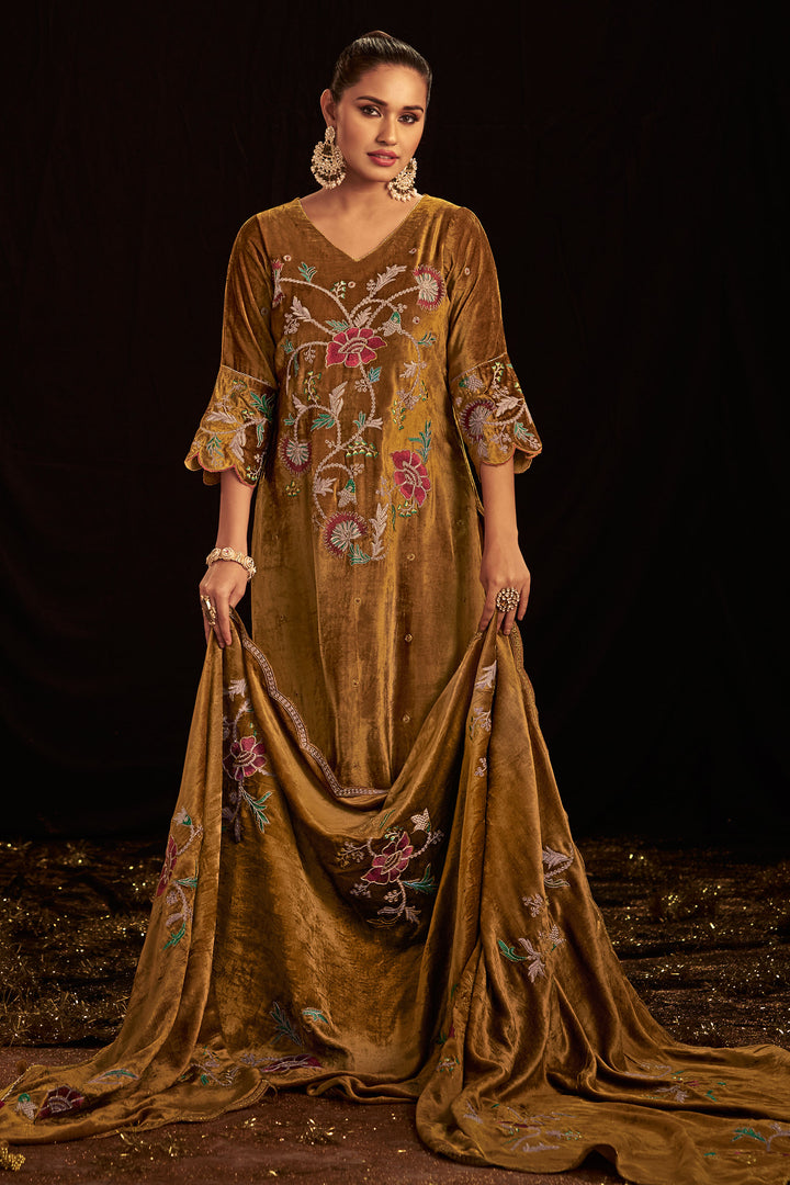 Brown Viscose Velvet Designer Festive Wear Kameez