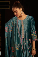 Load image into Gallery viewer, Teal Blue Viscose Velvet Embroidered Salwar Kameez
