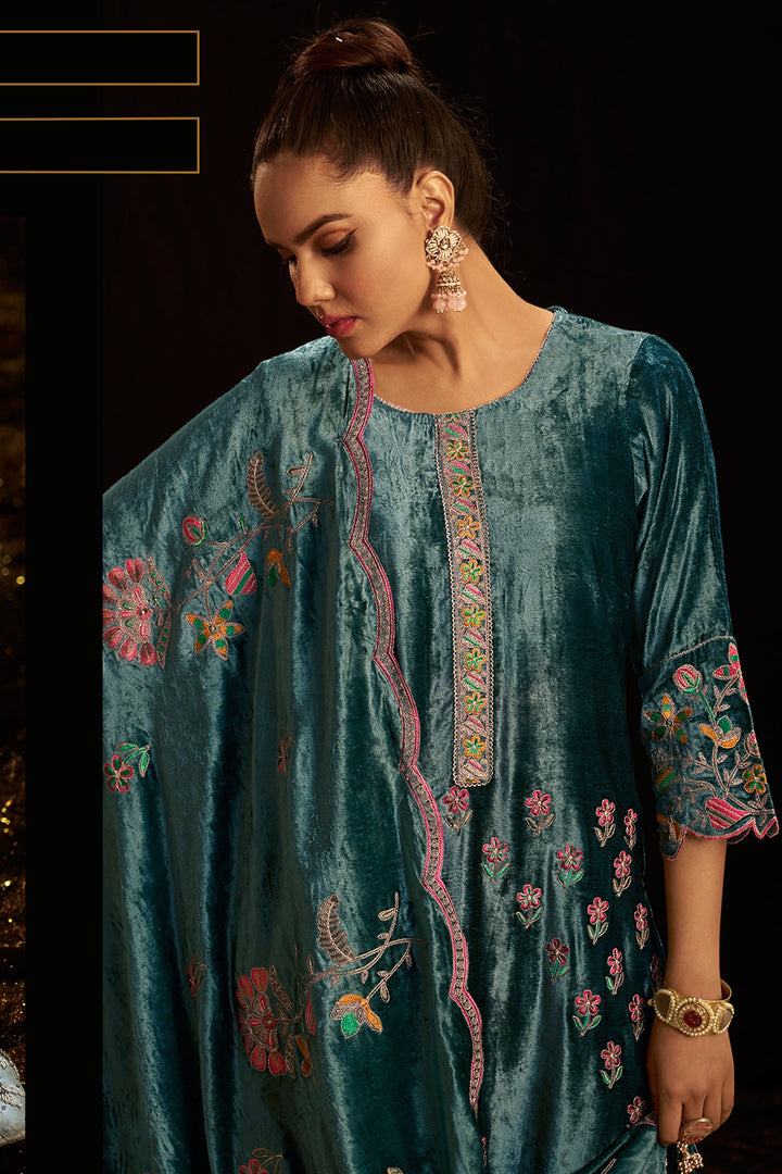 Teal Blue Viscose Velvet Embroidered Salwar Kameez