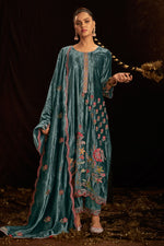 Load image into Gallery viewer, Teal Blue Viscose Velvet Embroidered Salwar Kameez
