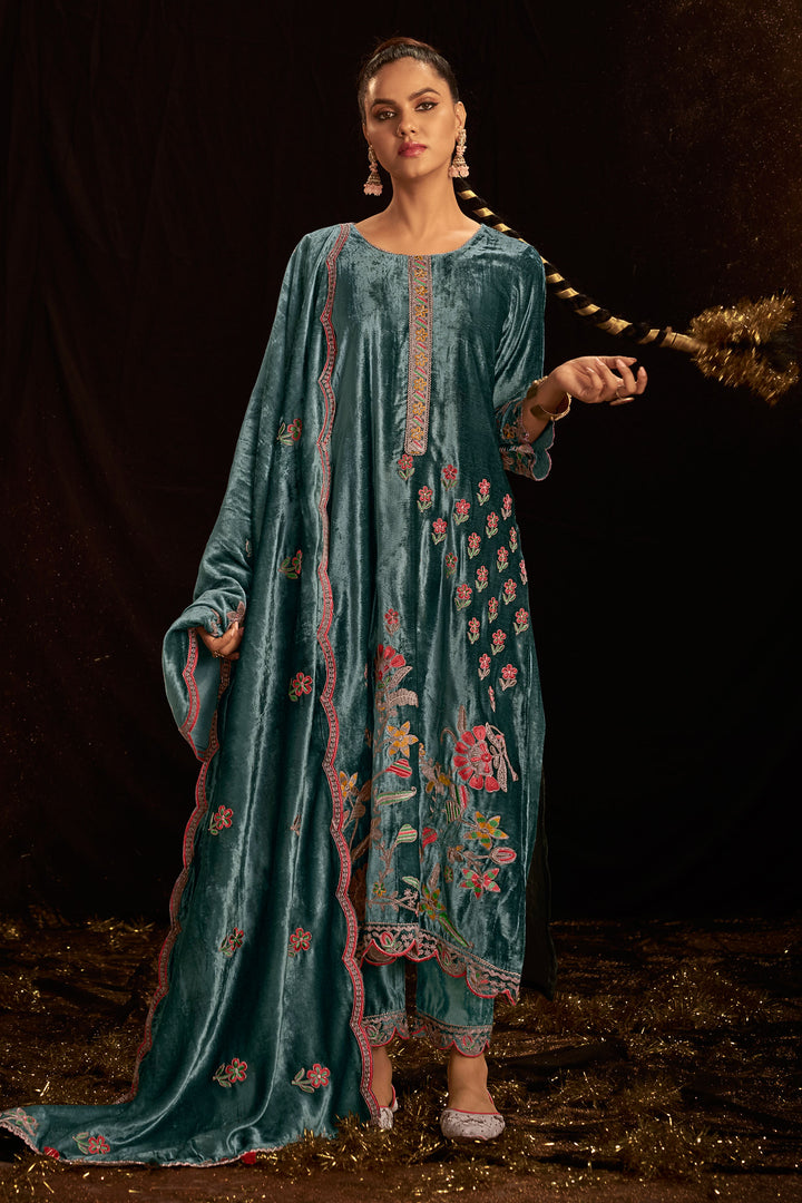 Teal Blue Viscose Velvet Embroidered Salwar Kameez