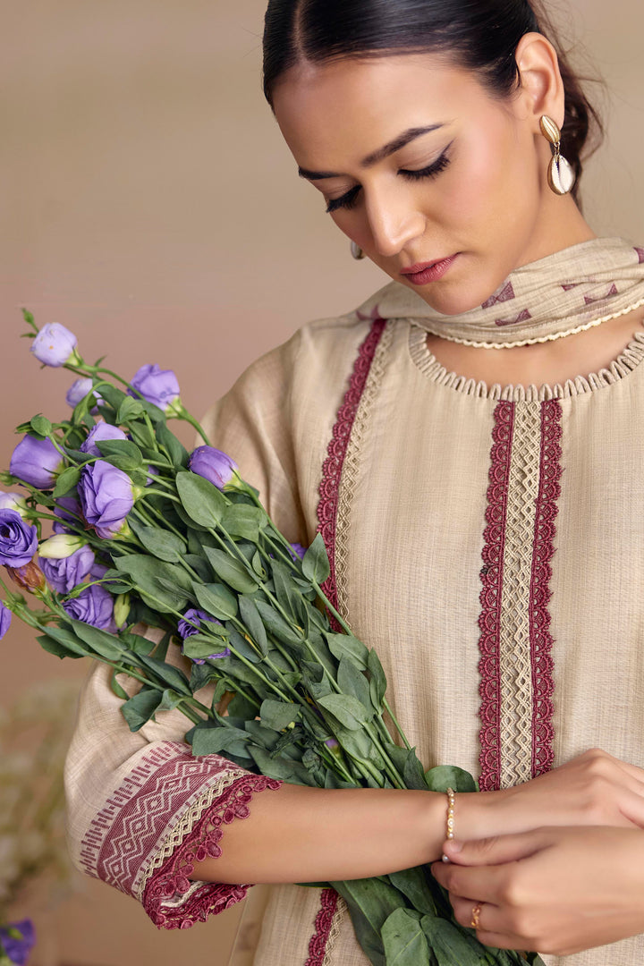 Elegant Beige Pure South Cotton Jacquard Straight Cut Salwar Suit