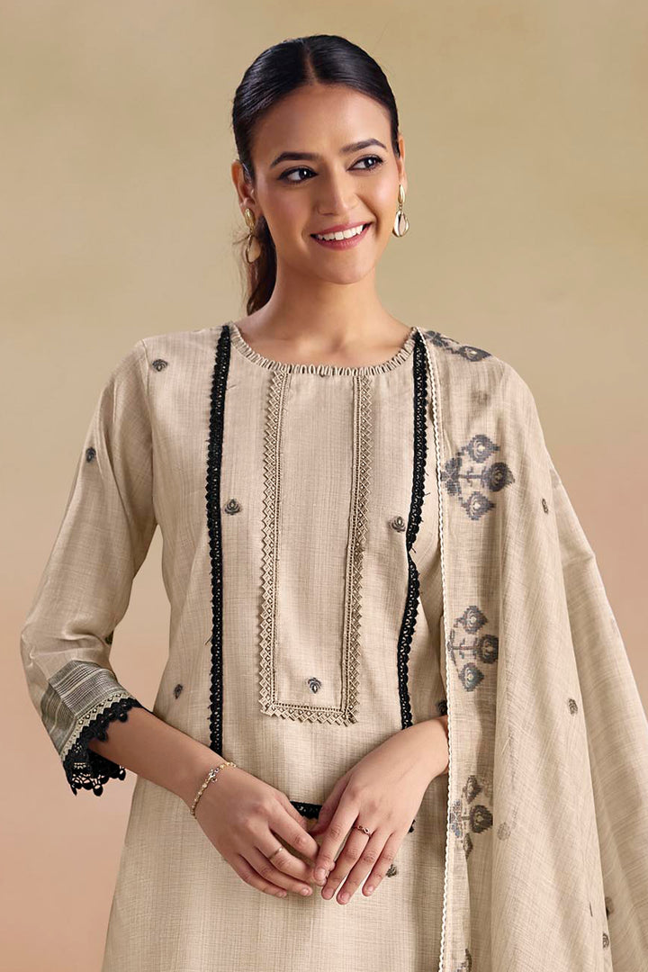 Premium Beige Jacquard South Cotton Ethnic Straight Cut Suit