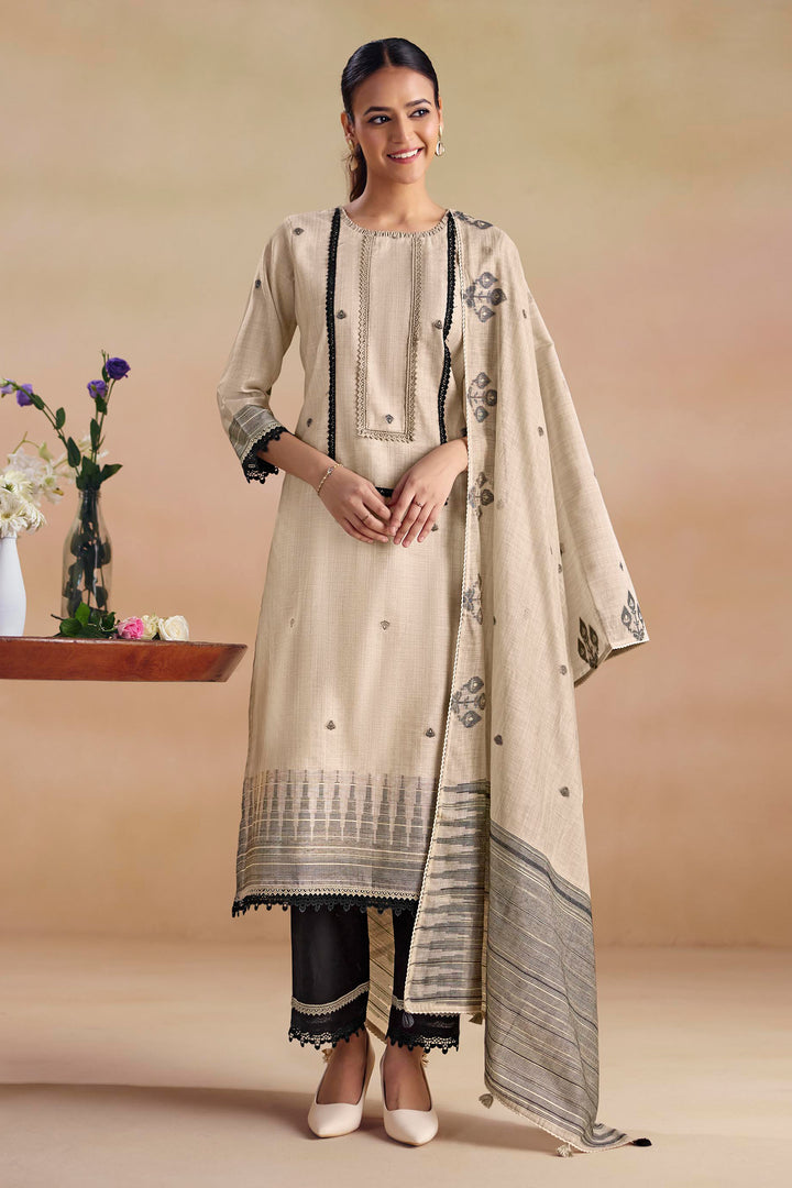 Premium Beige Jacquard South Cotton Ethnic Straight Cut Suit