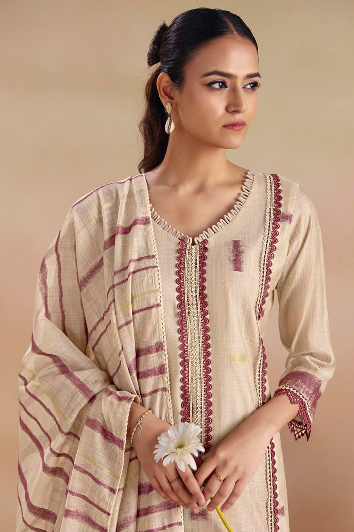 Designer Beige Cotton Straight Cut Salwar Suit