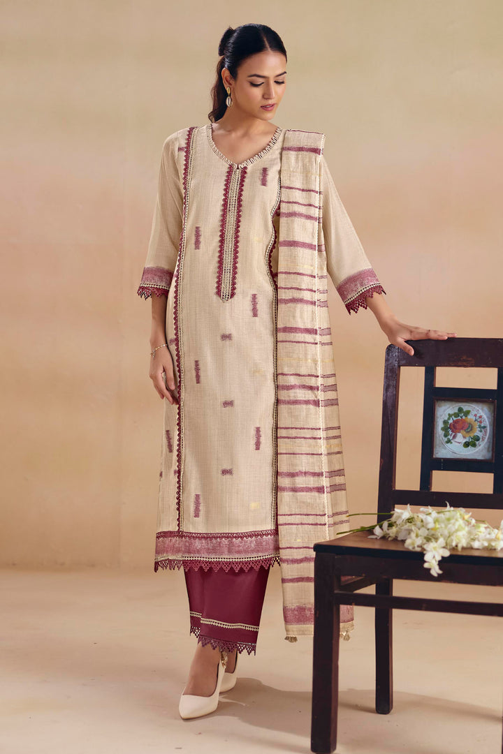 Designer Beige Cotton Straight Cut Salwar Suit