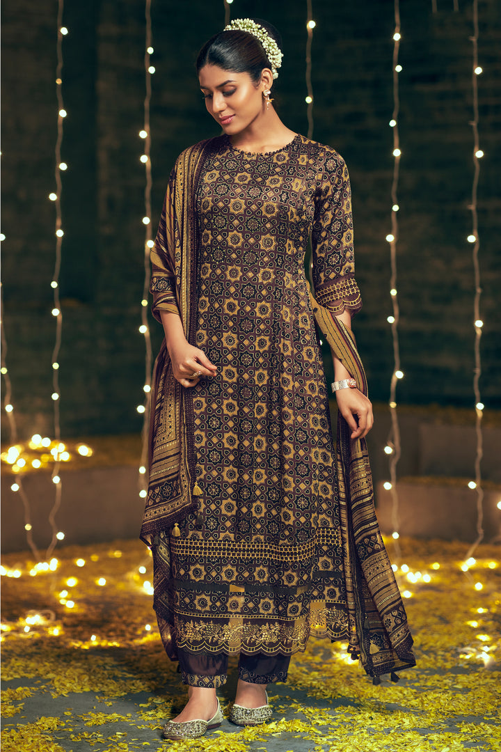 Brown Color Ajrak Print On Pure Modal Silk Salwar Suit With Hand Work