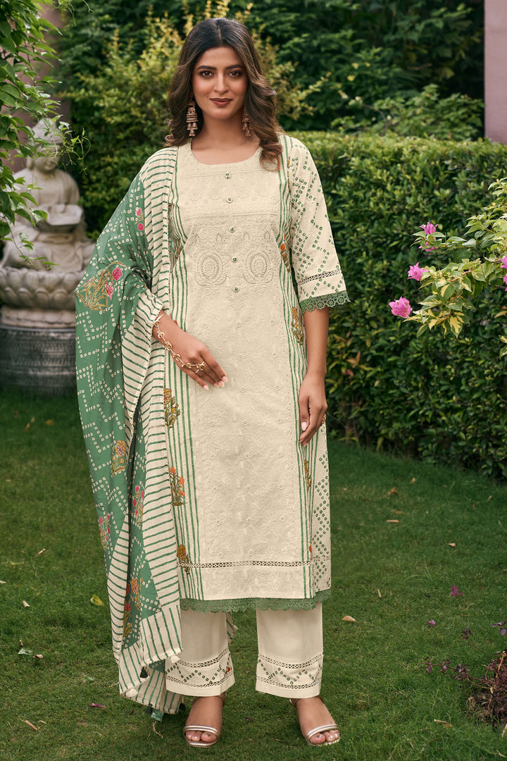 Beige Cotton Embroidered Dress