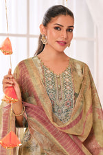 Load image into Gallery viewer, Beige Pure Shimmer Jacquard Silk Digital Print Straight Cut Salwar Suit
