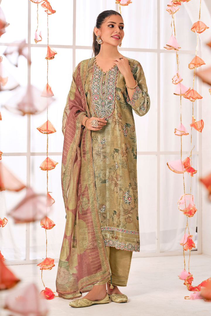 Beige Pure Shimmer Jacquard Silk Digital Print Straight Cut Salwar Suit