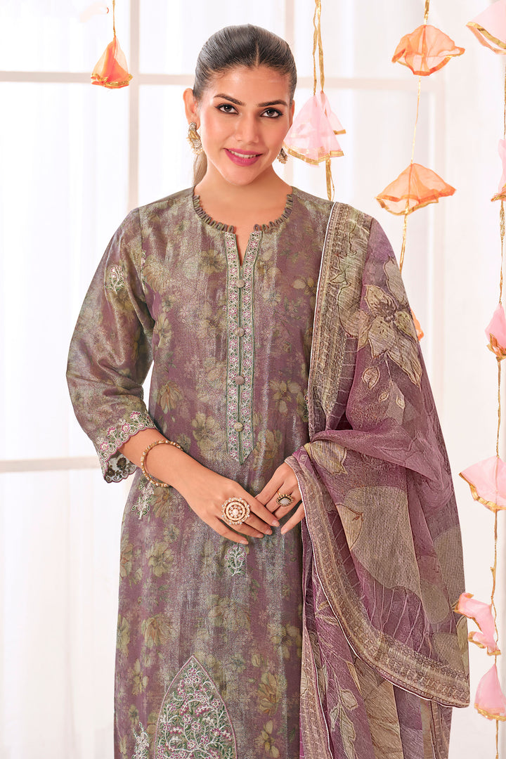 Purple Pure Shimmer Jacquard Silk Digital Print Straight Cut Dress