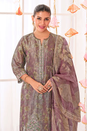 Purple Pure Shimmer Jacquard Silk Digital Print Straight Cut Dress