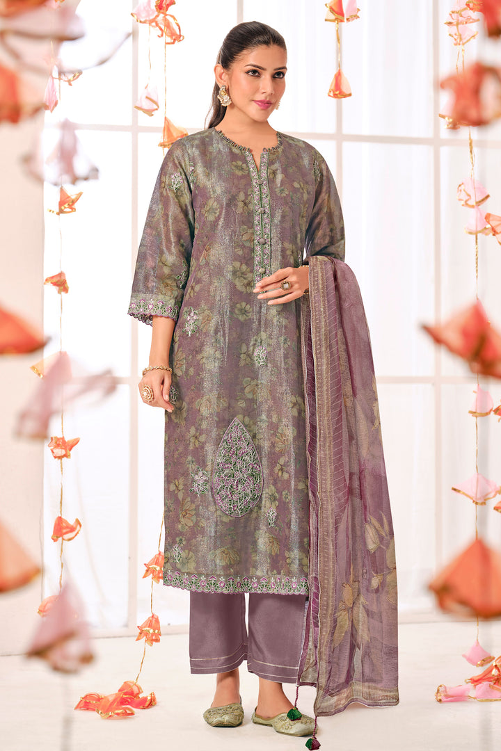 Purple Pure Shimmer Jacquard Silk Digital Print Straight Cut Dress