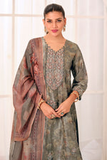 Load image into Gallery viewer, Pure Shimmer Jacquard Silk Digital Print Straight Cut Salwar Kameez In Grey Color
