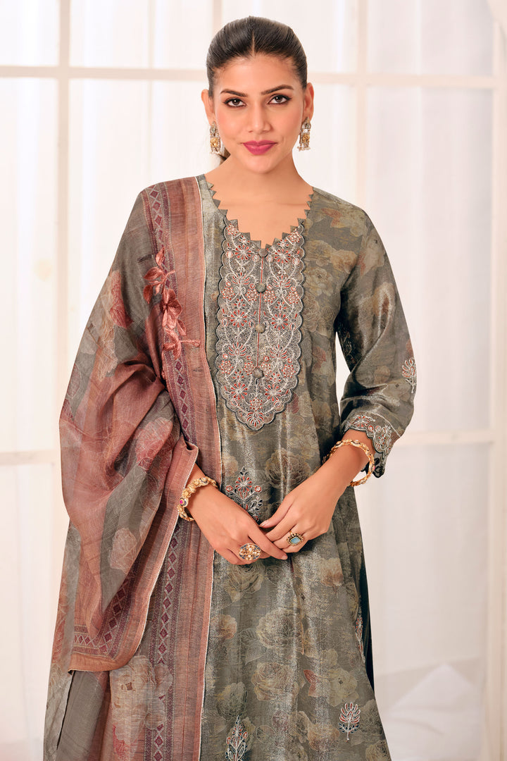 Pure Shimmer Jacquard Silk Digital Print Straight Cut Salwar Kameez In Grey Color