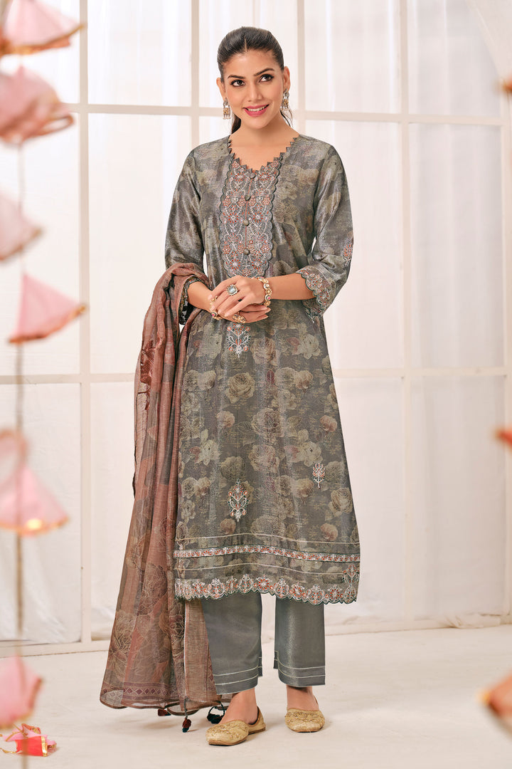 Pure Shimmer Jacquard Silk Digital Print Straight Cut Salwar Kameez In Grey Color