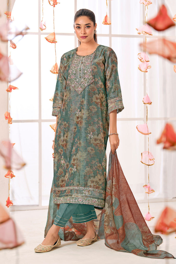 Pure Shimmer Jacquard Silk Cyan Digital Print Straight Cut Salwar Suit