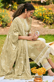 Beige Pure Organdy Block Print Salwar Kameez