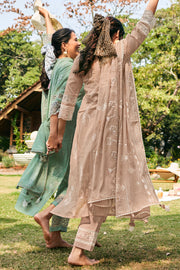 Dark Beige Pure Organdy Block Print Dress