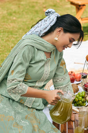 Pure Organdy Block Print Salwar Kameez In Sea Green Color