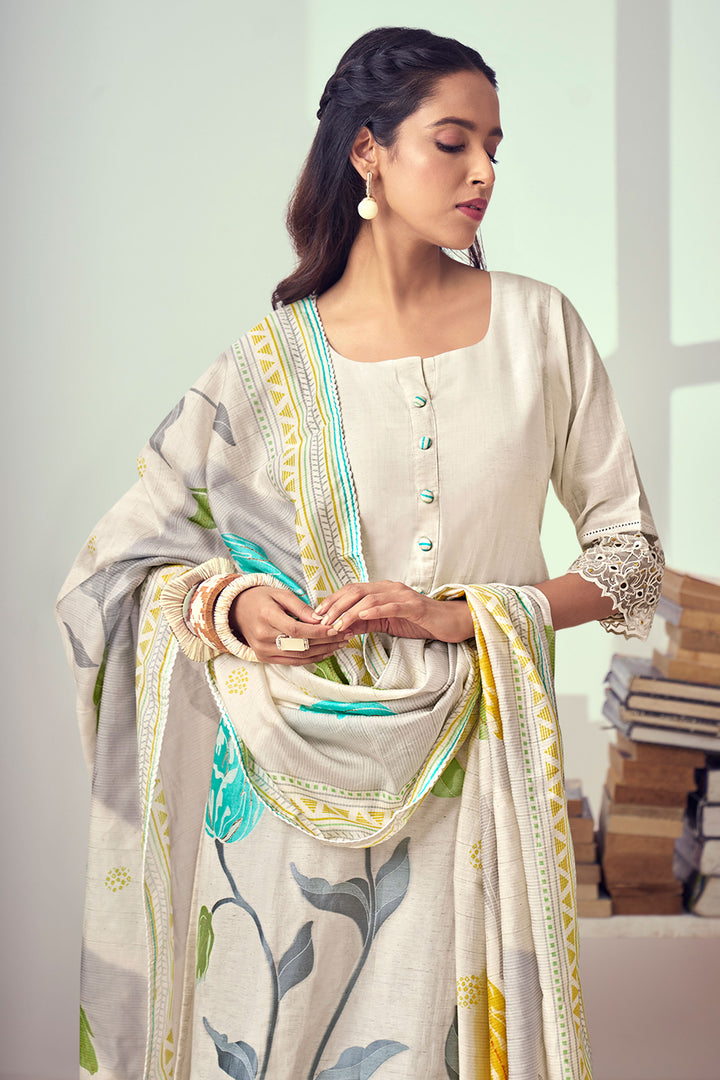 Beige Pure Linen Jacquard Fancy Embroidery Work Designer Long Salwar Kameez