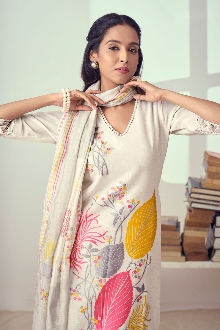 Beige Pure Linen Jacquard Fancy Embroidery Work Pretty Long Salwar Suit
