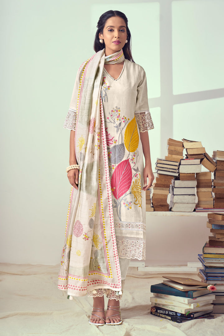 Beige Pure Linen Jacquard Fancy Embroidery Work Pretty Long Salwar Suit