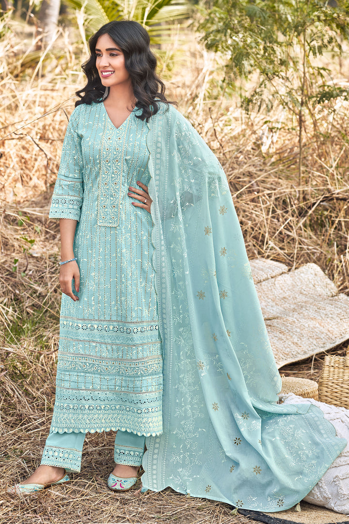Cyan Color Pure Cotton Khadi Block Print Designer Long Straight Cut Suit