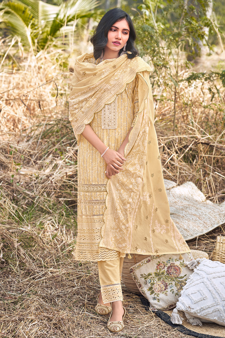 Beige Color Pure Cotton Khadi Block Print Designer Long Straight Cut Dress