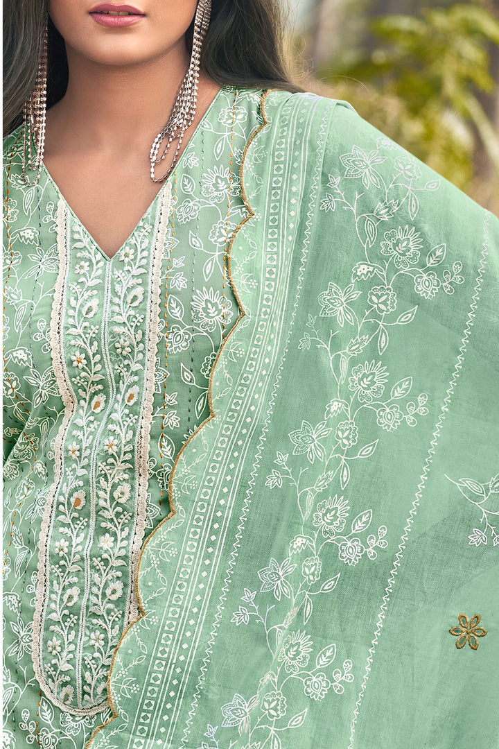 Pure Cotton Khadi Block Print Designer Long Straight Cut Salwar Kameez In Sea Green Color