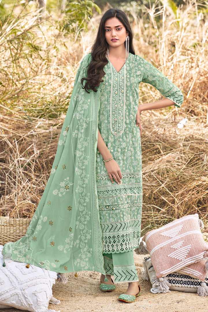 Pure Cotton Khadi Block Print Designer Long Straight Cut Salwar Kameez In Sea Green Color
