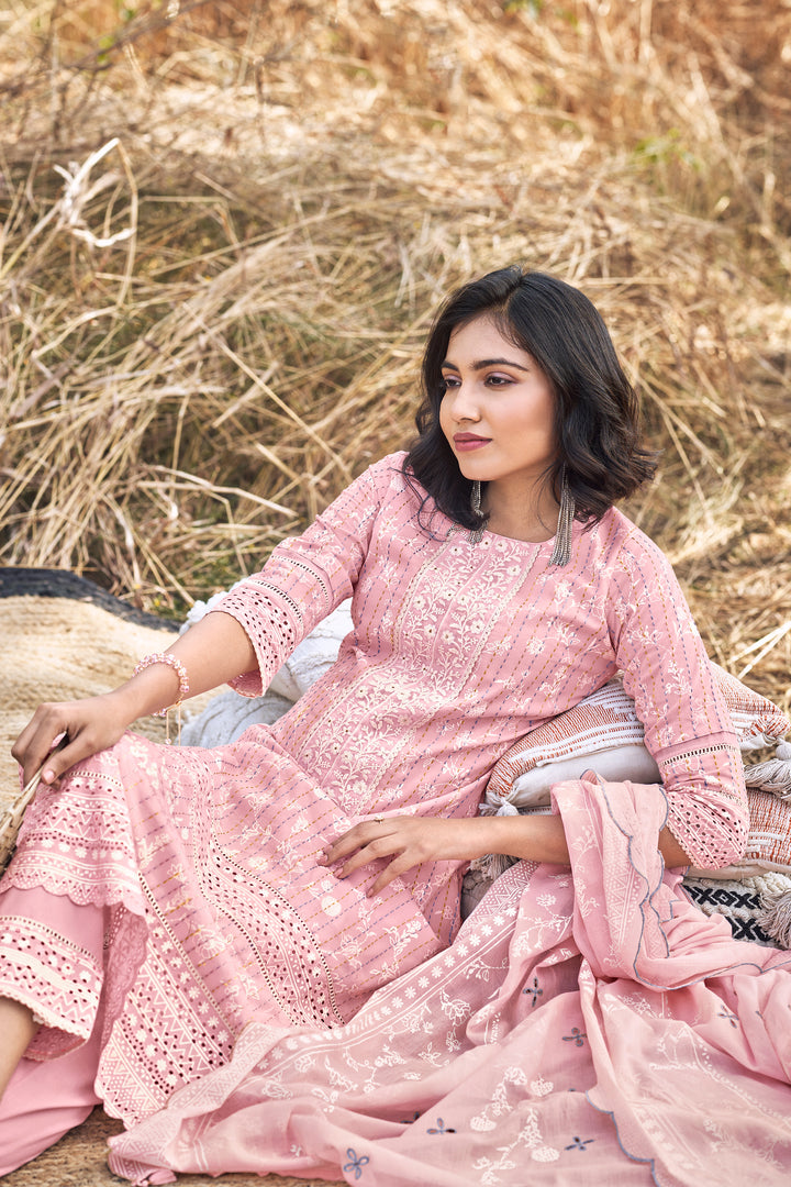 Pure Cotton Khadi Block Print Designer Long Straight Cut Salwar Suit In Pink Color