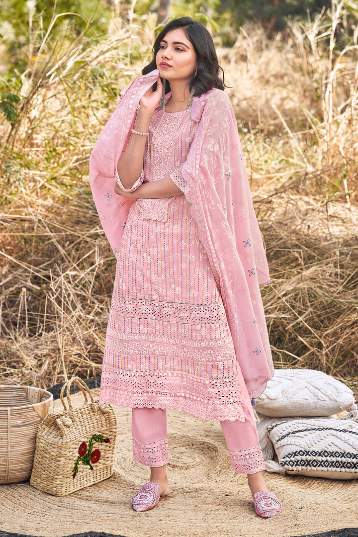 Pure Cotton Khadi Block Print Designer Long Straight Cut Salwar Suit In Pink Color